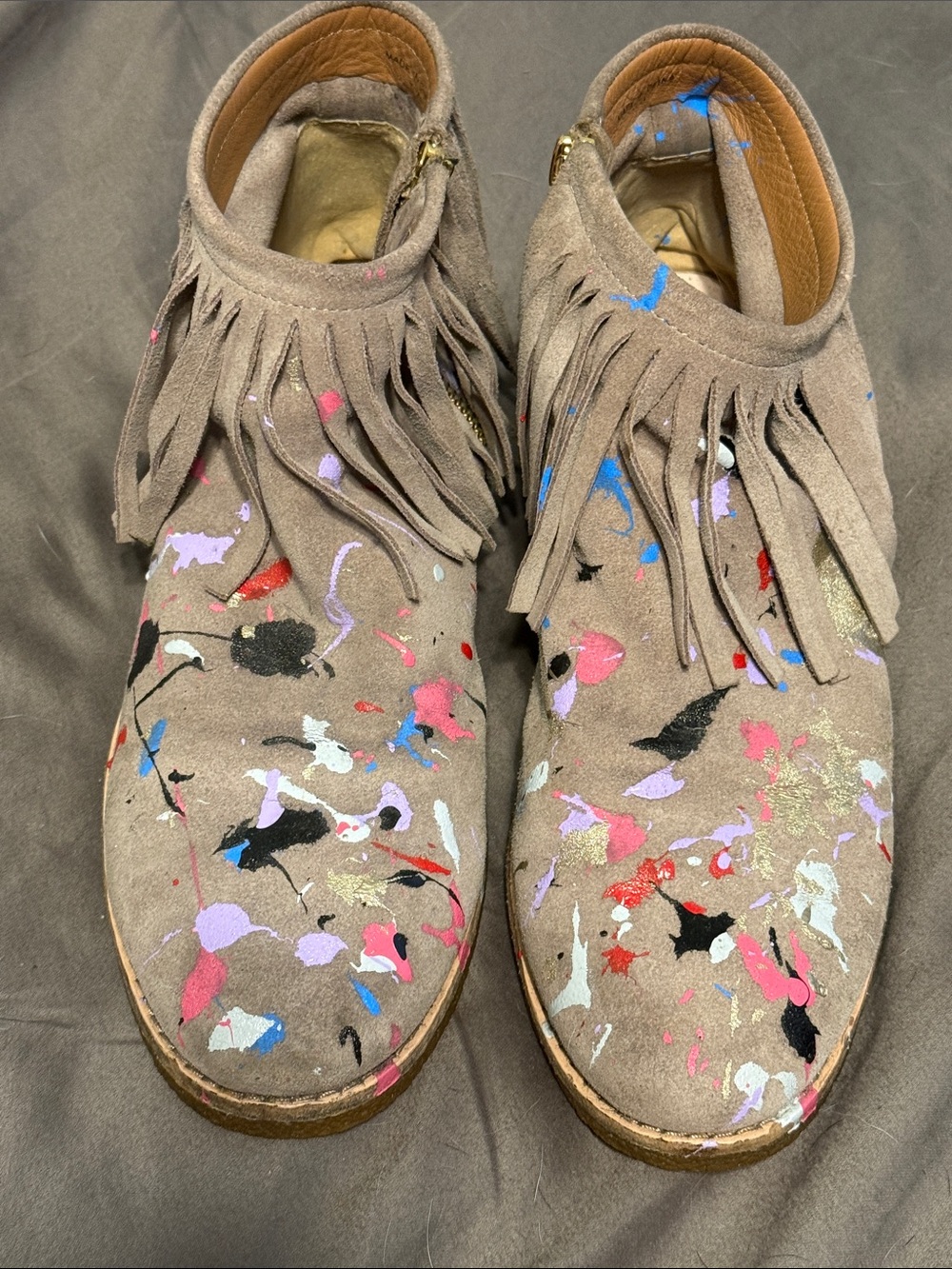 kate spade  BetsieTaupe Suede Fringe Ankle Boots with Multicolor Paint Splatter